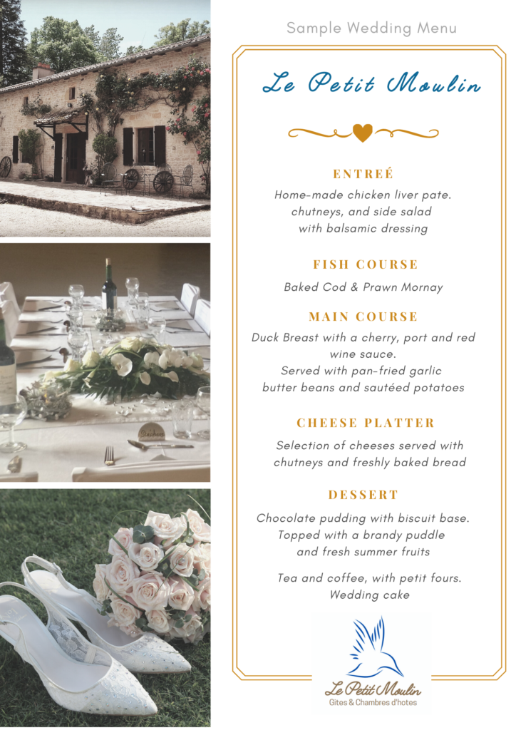 French country wedding Le Petit Moulin sample menu